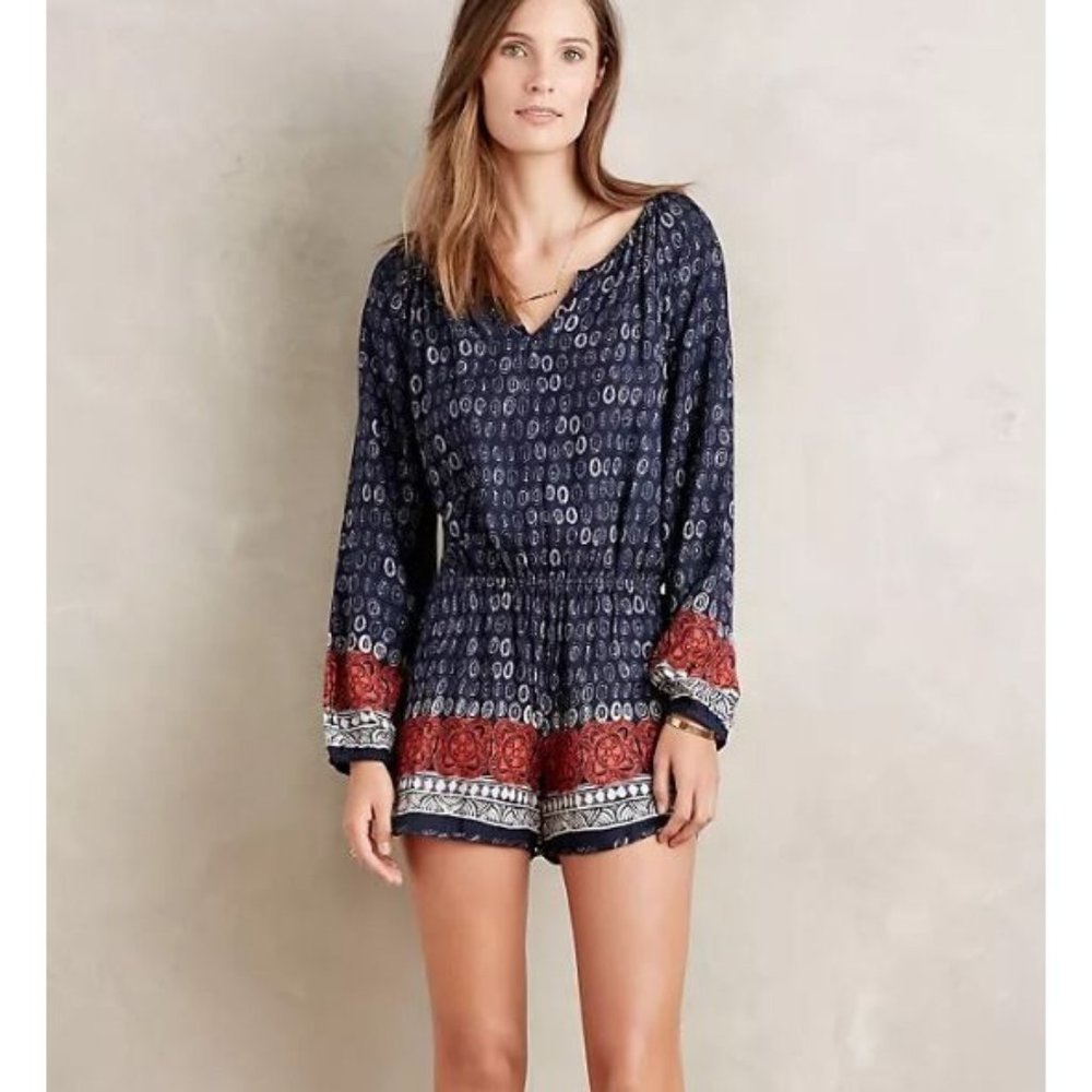 Anthropologie Lilka Nandini Long Sleeve Romper Blue Red White